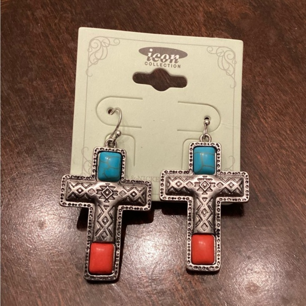 Icon Collection Silver Cross Earrings with Turquoise and Coral Accents